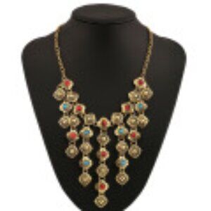 #017 Fashion Vintage Carved Gemstone Tassel Alloy Exaggerated Necklace